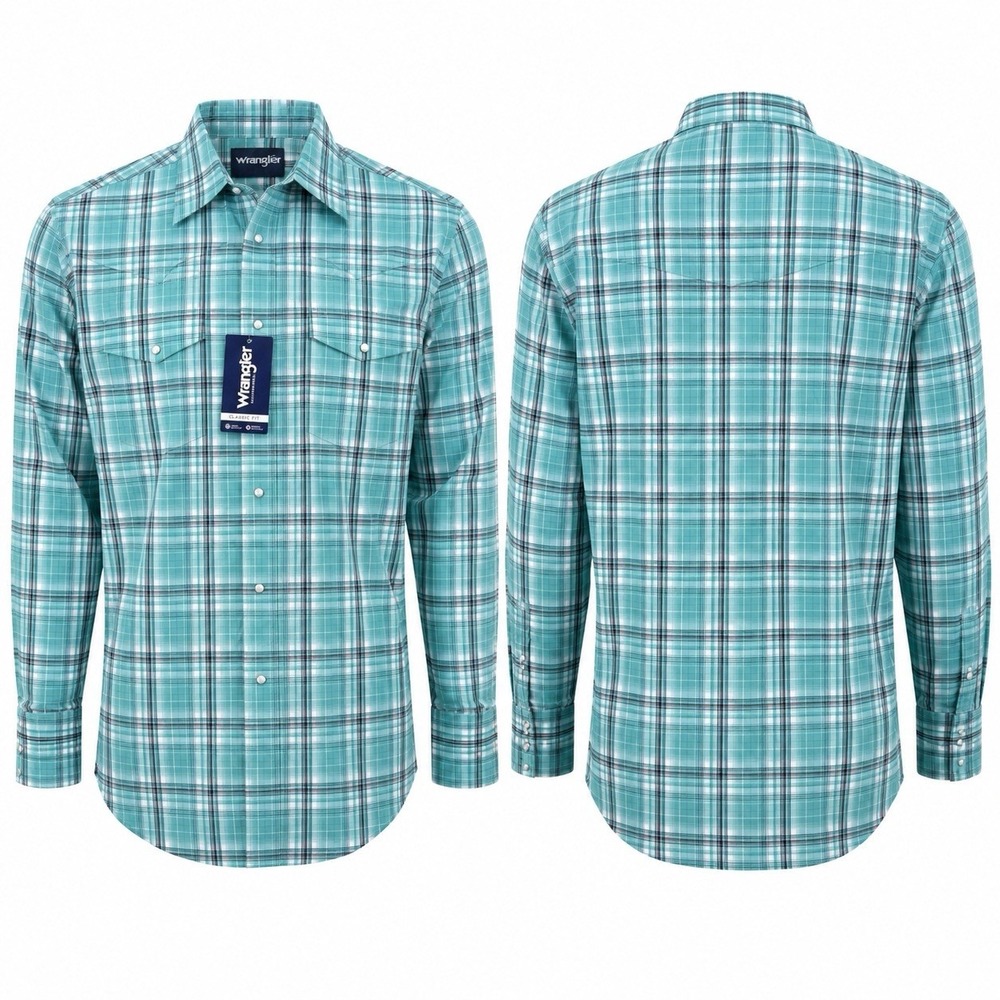 NEW Wrangler Men’s Medium Plaid Pearl Snap Western Shirt Classic Fit Turquoise